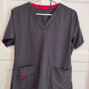 Carhartt Grey V-Neck Scrub Top with Pink Accents